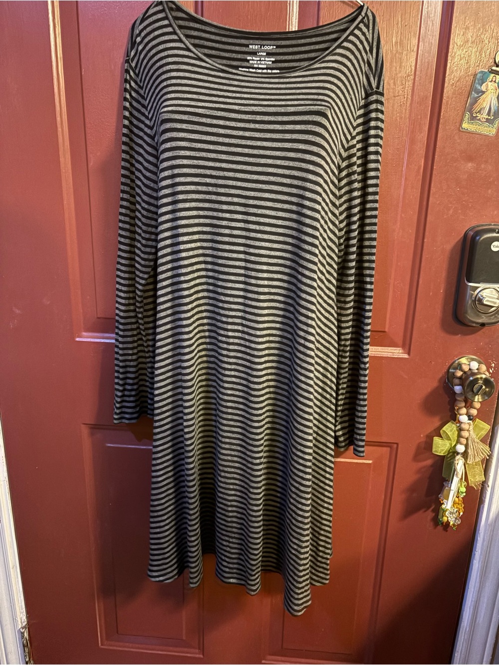 west loop Black and Gray Striped Long Sleeve Swing Dress